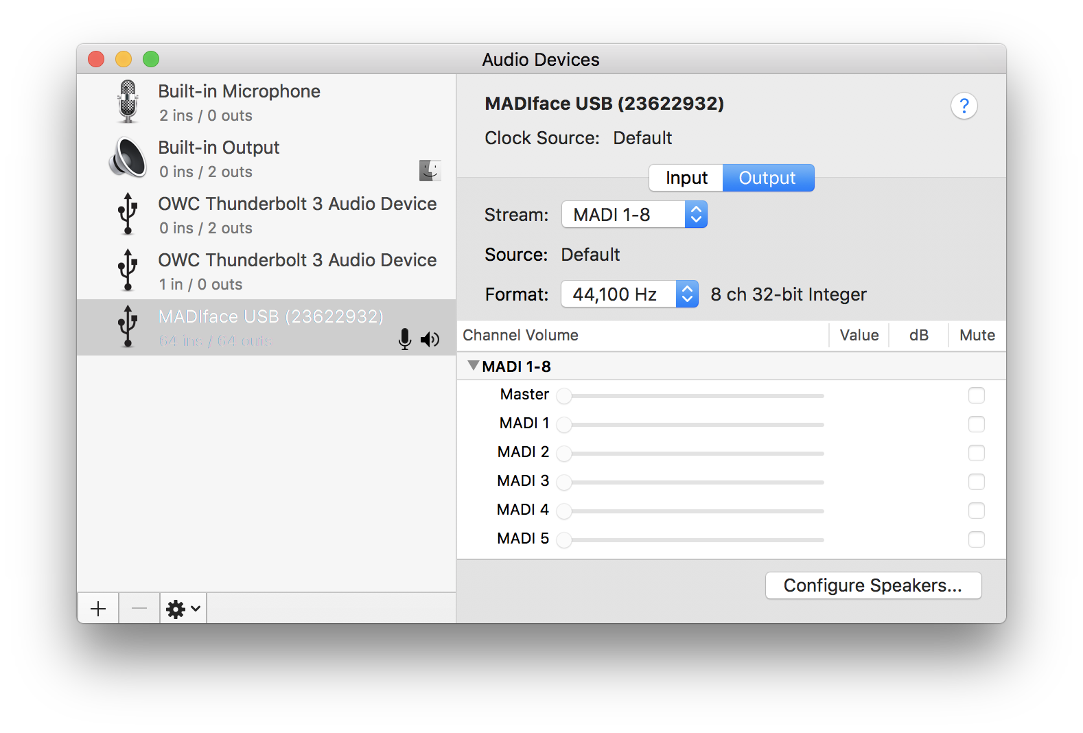 Select MADIFace USB in Audio MIDI Settings