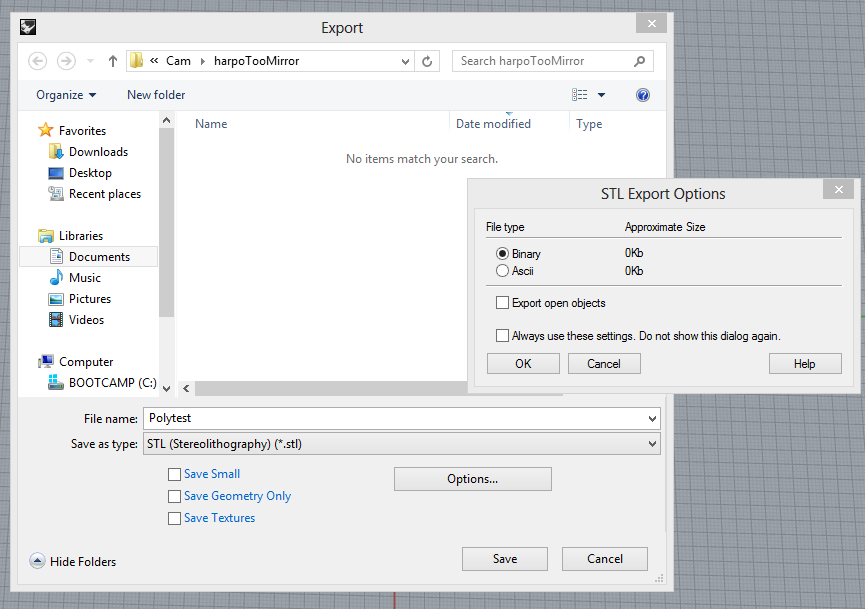 Dialog for export to STL