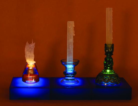 glass candles, modular plexiglass base, iphones, 2019