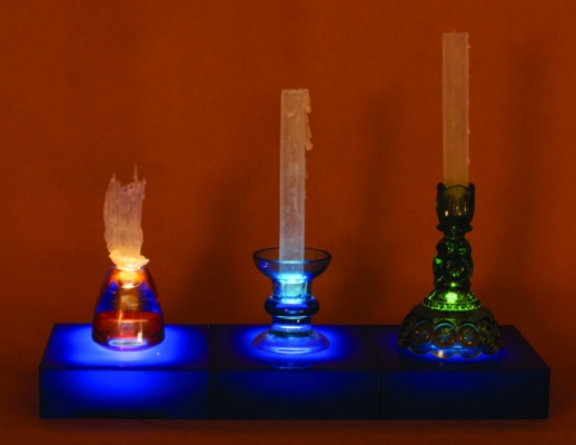glass candles, modular plexiglass base, iphones, 2019