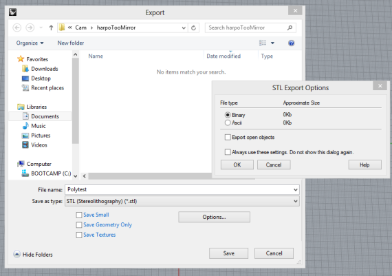 Dialog for export to STL