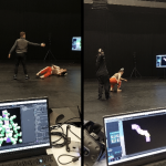 Derek Crescenti and Carolina Marin embodying a virtual object with spin and coil mechanisms (left). Ashley Menestrina and Carolina Marin embodying a virtual armature.