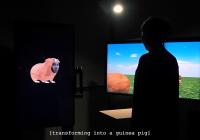 A person stands in silhouette between two large monitors in a dark gallery space. The left screen displays an animated guinea pig with a human face embedded into its head. The right screen shows a bright virtual field under a blue sky. Subtitles at the bottom read “[transforming into a guinea pig],” indicating the narrative or interactive transformation taking place.