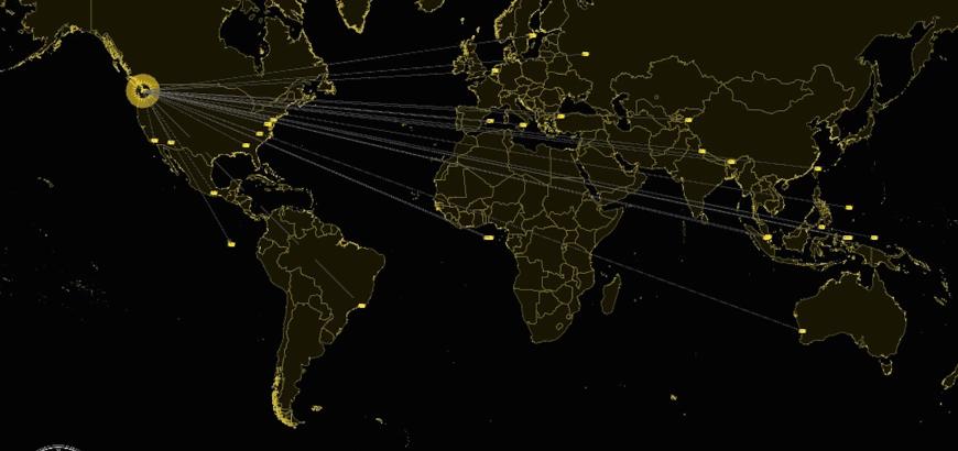 image updated in real time showing lines connecting gallery location to the destination coordinates that visitors contribute to the system