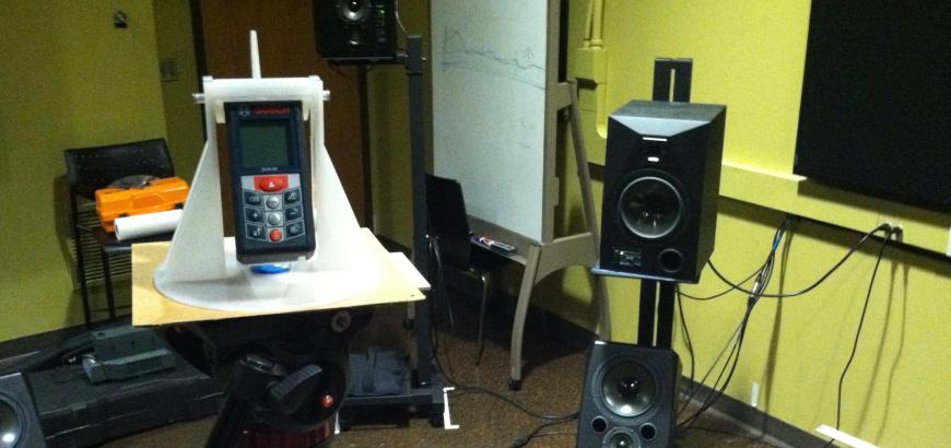 DXARS Sound Lab under construction: coincident laser measurement for distance calibration.