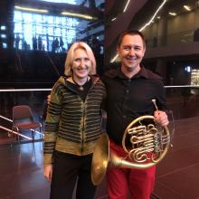 Ewa Trębacz with Mateusz Feliński (horn), following the performance of "Minotaur"
